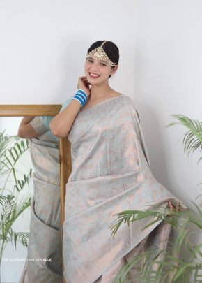 Sky Blue Color Pure Banarasi Plain Silk Saree With Brocade unstitched Blouse