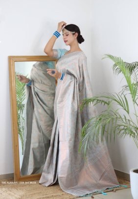Sky Blue Color Pure Banarasi Plain Silk Saree With Brocade unstitched Blouse