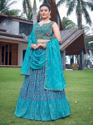Sky Blue Digital Printed Mukeish Work Lehenga Choli