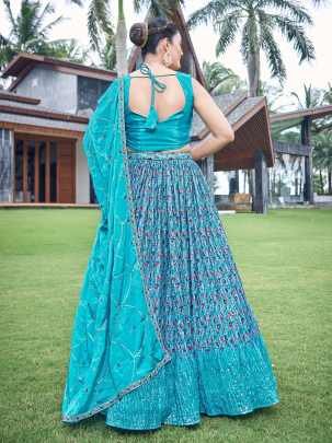 Sky Blue Digital Printed Mukeish Work Lehenga Choli