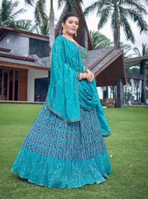 Sky Blue Digital Printed Mukeish Work Lehenga Choli