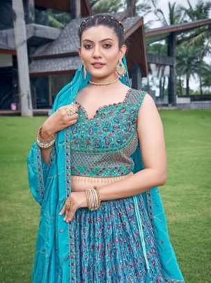 Sky Blue Digital Printed Mukeish Work Lehenga Choli