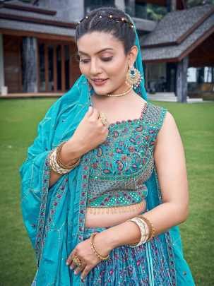 Sky Blue Digital Printed Mukeish Work Lehenga Choli