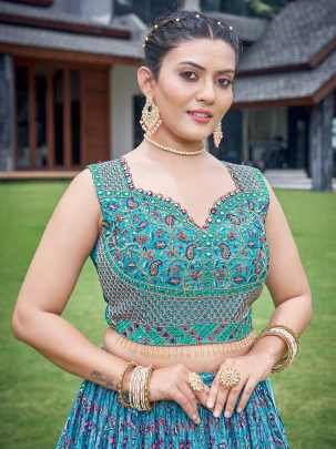 Sky Blue Digital Printed Mukeish Work Lehenga Choli