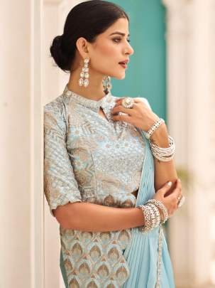 Sky Blue Embroidery Work Reday To Wear Saree