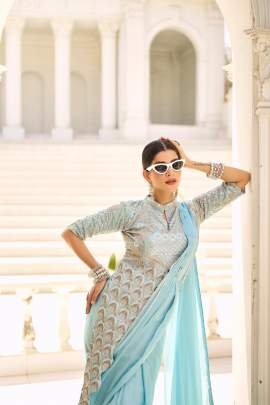 Sky Blue Embroidery Work Reday To Wear Saree