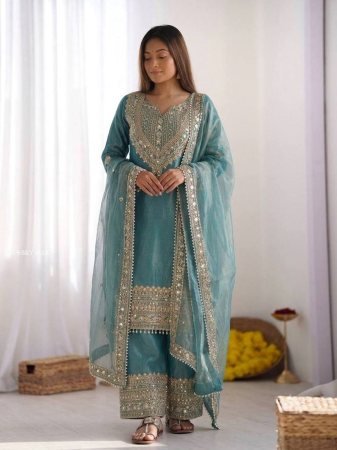 Sky Blue Fendy Silk  Embordered Sharara Suit Set