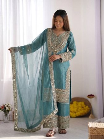 Sky Blue Fendy Silk  Embordered Sharara Suit Set