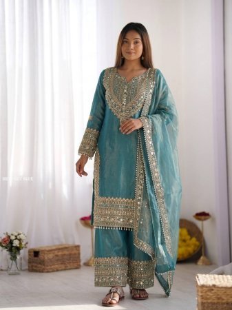 Sky Blue Fendy Silk  Embordered Sharara Suit Set