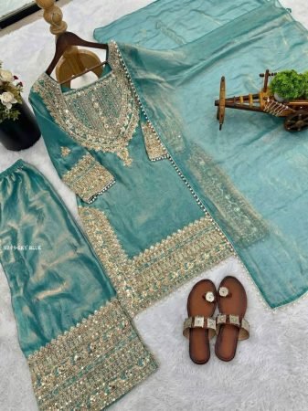 Sky Blue Fendy Silk  Embordered Sharara Suit Set
