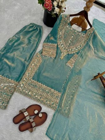 Sky Blue Fendy Silk  Embordered Sharara Suit Set