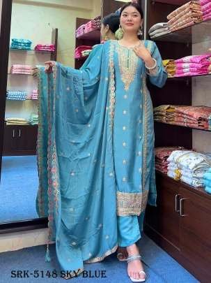 Sky Blue Fully Stitched Pure Chinon Silk Embroidered Top Bottom Dupatta Set