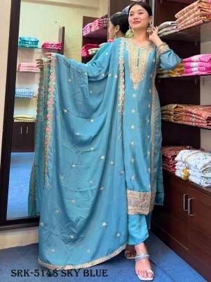 Sky Blue Fully Stitched Pure Chinon Silk Embroidered Top Bottom Dupatta Set