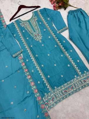 Sky Blue Fully Stitched Pure Chinon Silk Embroidered Top Bottom Dupatta Set