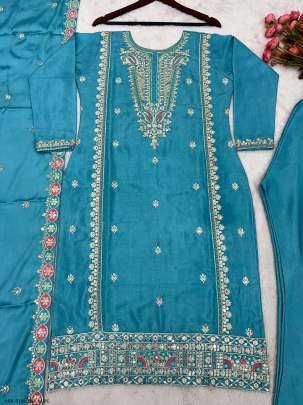 Sky Blue Fully Stitched Pure Chinon Silk Embroidered Top Bottom Dupatta Set