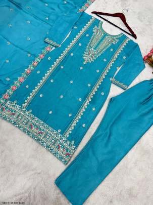 Sky Blue Fully Stitched Pure Chinon Silk Embroidered Top Bottom Dupatta Set