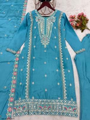 Sky Blue Fully Stitched Pure Chinon Silk Embroidered Top Bottom Dupatta Set
