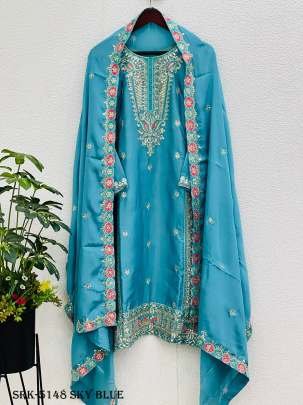 Sky Blue Fully Stitched Pure Chinon Silk Embroidered Top Bottom Dupatta Set