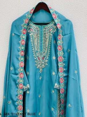 Sky Blue Fully Stitched Pure Chinon Silk Embroidered Top Bottom Dupatta Set