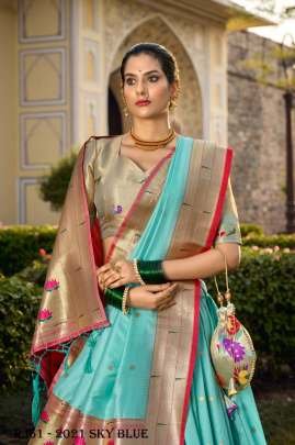 Sky Blue Jacquard Banarasi Silk Weaving Work Paithani Lehenga Choli