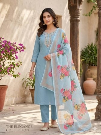 Sky Blue Kurti Pant Set With Floral Dupatta