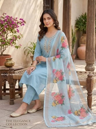 Sky Blue Kurti Pant Set With Floral Dupatta