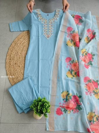 Sky Blue Kurti Pant Set With Floral Dupatta