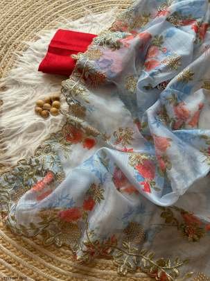 Sky Blue Organza Silk Floral Print Saree With Plain Blouse