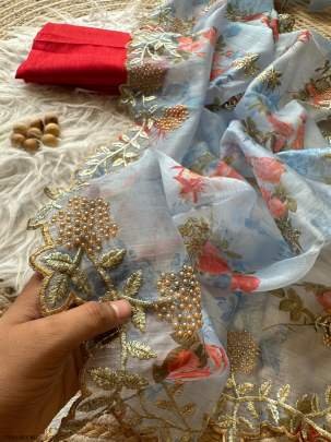 Sky Blue Organza Silk Floral Print Saree With Plain Blouse