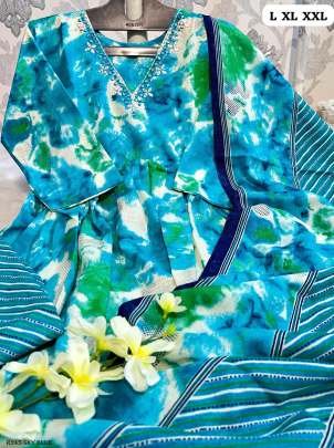 Sky Blue Tie Dye Print Hand Work Pure Muslin And Silk Alia Cut Kurtis