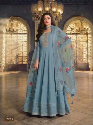 Sky Color Dola Silk Long Anarkali Salwar Suit