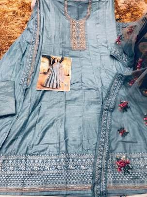 Sky Color Dola Silk Long Anarkali Salwar Suit