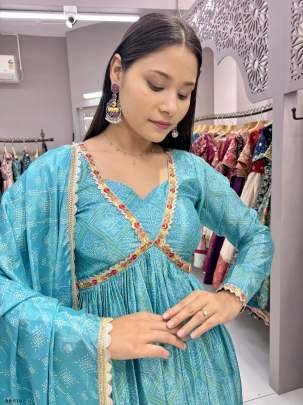 Sky Digital Printed Bandhani Georgette Gown