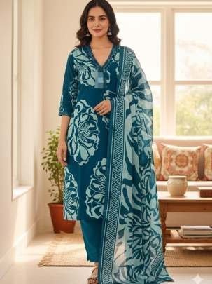 Slub Cotton Fabric Rama Colour Kurti Pant Dupatta Set