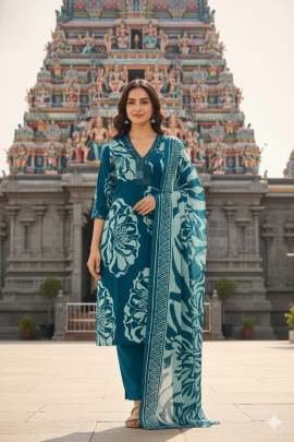 Slub Cotton Fabric Rama Colour Kurti Pant Dupatta Set