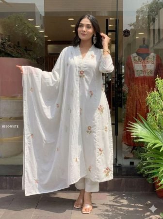 Slub Cotton White Embroidered Three Piece Set