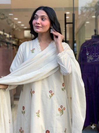 Slub Cotton White Embroidered Three Piece Set