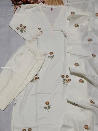 Slub Cotton White Embroidered Three Piece Set