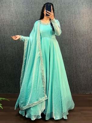 Smooth And Shining Fendy Silk Work Neck Gown With Dupatta