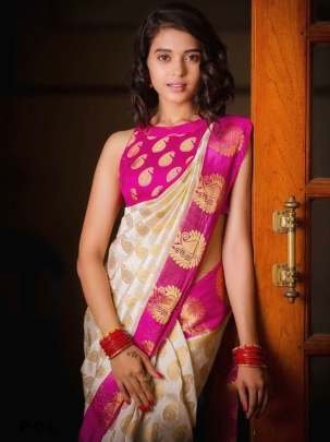 Soft Beautiful White Lichi Silk Saree With Pink Border
