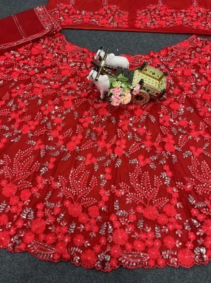 Soft Butterfly Net  With  Sequence  Work  Red  Designers  Lehenga