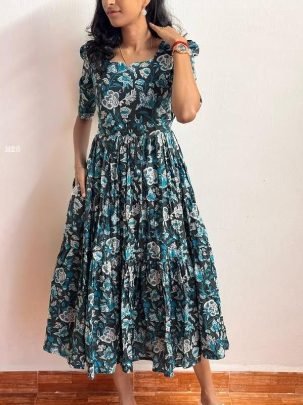 Soft Cotton Delightful Floral Print  blue One Piece
