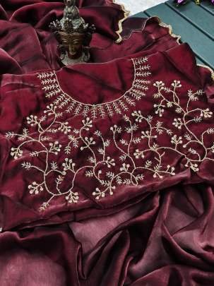 Soft Fendi Chiffon Heavy Khatli Work Maroon Saree
