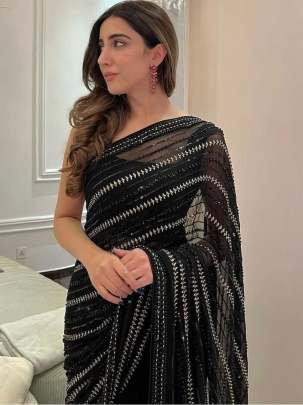 Soft Georgette Black Sequin Work  Saree