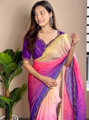 Soft Georgette Satin Purple Colour Saree