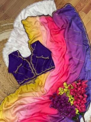 Soft Georgette Satin Purple Colour Saree