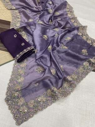 Soft Gold Crush Fabric Saree with Embroidery Work 