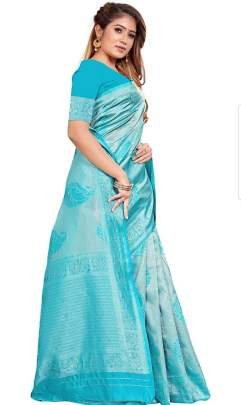 Soft Lichi Silk Sky Blue Saree With Jacquard Border