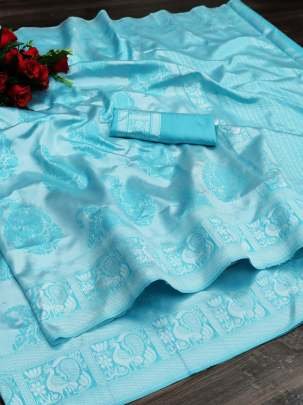 Soft Lichi Silk Sky Blue Saree With Jacquard Border