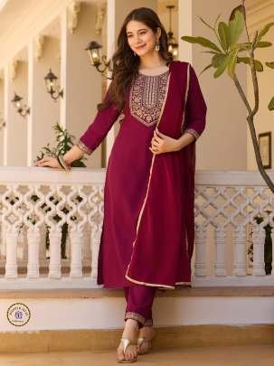 Soft Rayon Marooon Kurti Pant Dupatta Set